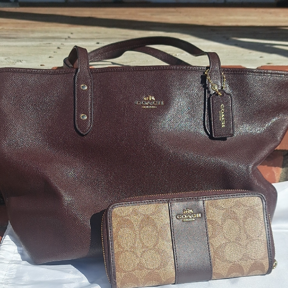 Coach Dark Brown Tote and Wallet Combo